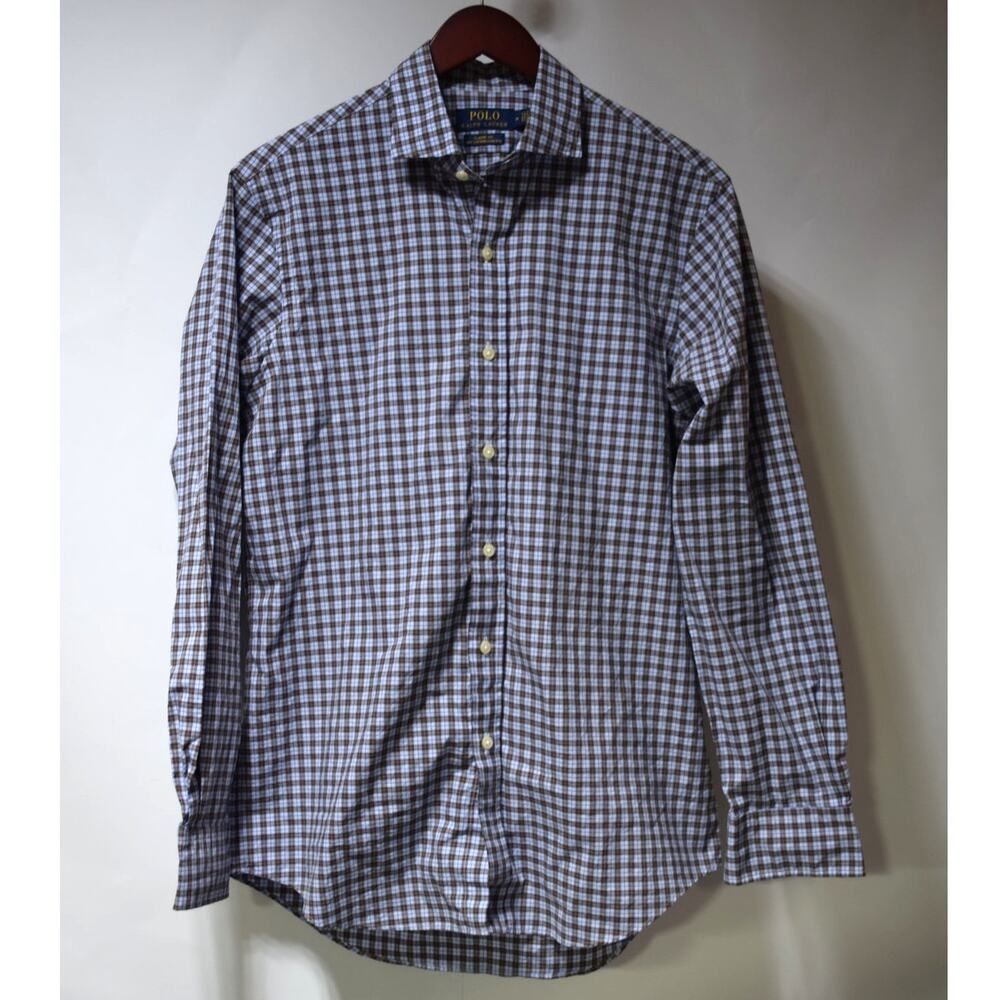 Polo Ralph Lauren Button Down Shirt Mens Medium Classic Fit Blue Brown Plaid